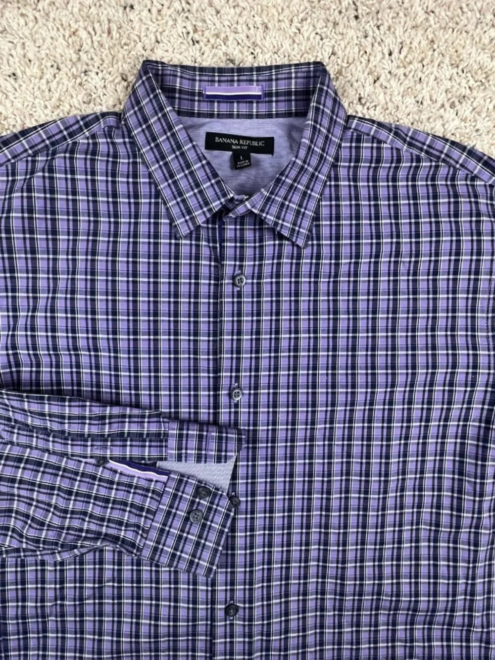 Banana Republic Mens Button Up Shirt Size Large Slim Fit Plaid Lavender Purple